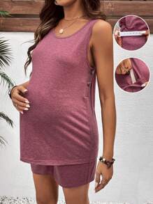 SHEIN 2pcs/Set Pregnant Women Solid Color Round Neck Sleeveless Tank Top And Adjustable Waist Shorts Maternity Set - Burgundy - View 1