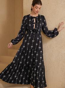 Aveloria Rosie Romantic Italian Style Two-Tone Bowknot Print Tie Front Hollow Out Round Neck Lantern Sleeve Dress For Women, Spring