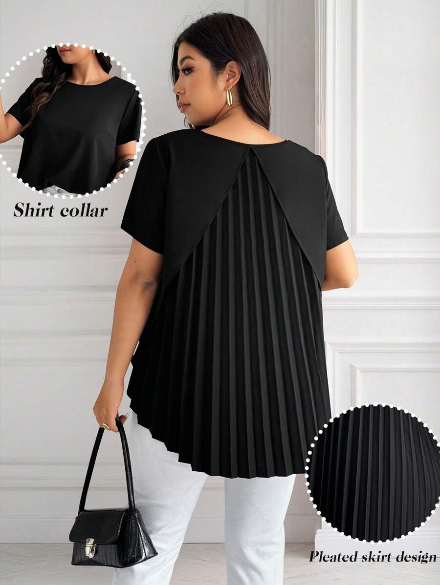 Elenzga Plus Size Casual Solid Color Back Pleated Short Sleeve Shirt - Black - View 1