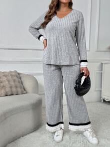 SHEIN LUNE Plus Size Ruffled Knitted Two Pieces Outfit For Women, Casual & Fitted - Grey - View 1