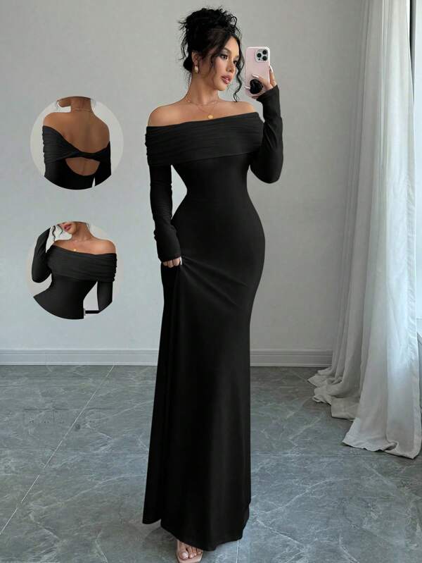 SHEIN PETITE Robe longue élégante et formelle noire sexy, ajustée, à manches longues, avec taille cintrée, épaules dénudées, dos coupé avec torsade, ourlet queue de poisson nervuré. Pour femmes, tenue maxi automne/hiver