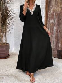 EMERY ROSE Women's Contrast Lace V-Neck Long Sleeve Casual Long Dress