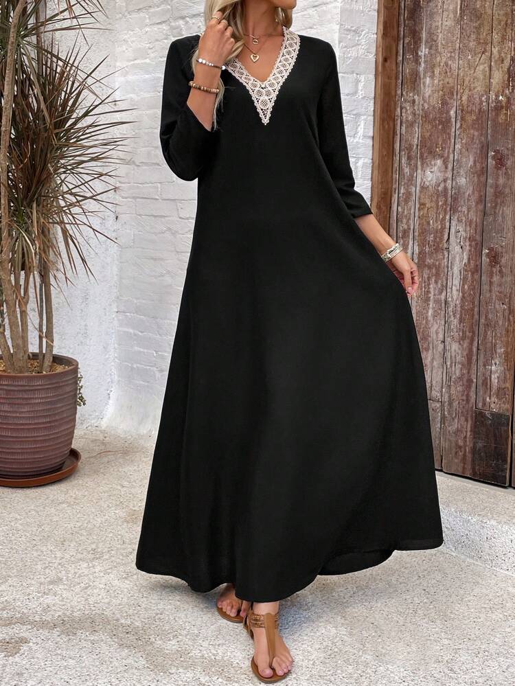 Women's Contrast Lace V-Neck Long Sleeve Casual Long Dress
