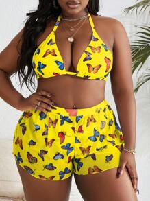 Slaydiva 夏季大码女式 3 件蝴蝶印花活泼性感露背 3 杯比基尼搭配短裤，海滩度假休闲泳装 - 黃色 - 查看 4