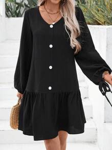 Breezaya Women Plain Color Button Lantern Sleeve Ruffle Hem Casual Dress Fall Cloth For Women - Black - View 6