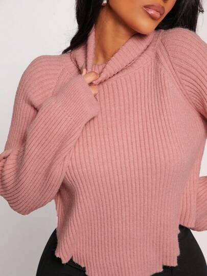 SHEIN SXY High Collar Solid Color Asymmetrical Hem Coarse Knit Long Sleeve Warm Valentine's Day Sweater