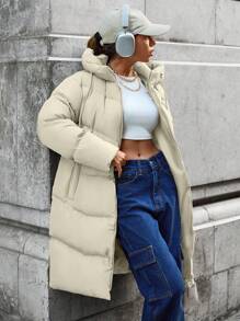 SHEIN Cottnline Zip Up Long Padded Coat With Hoodie Keeping Warm - Beige - View 5