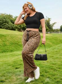 SHEIN EZwear 大码松紧腰口袋格子休闲裤，日常休闲装 - 駝色 - 查看 5