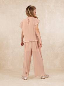 SUMWON Elegant Pleated Two Piece Set Ruffle Sleeve Party Special Occasion Evening Formal Wear With Wide Leg Palazzo Pants Holiday Princess Outfit - Orange - View 2