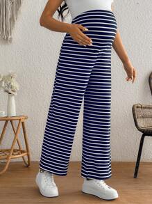 SHEIN Maternity Simple Striped Adjustable Casual Pants, For Everyday Wear - Navy Blue - View 3