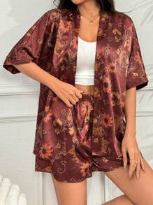 Women Floral Print Short Sleeve Robe And Shorts Pajama Set - Red - View 3