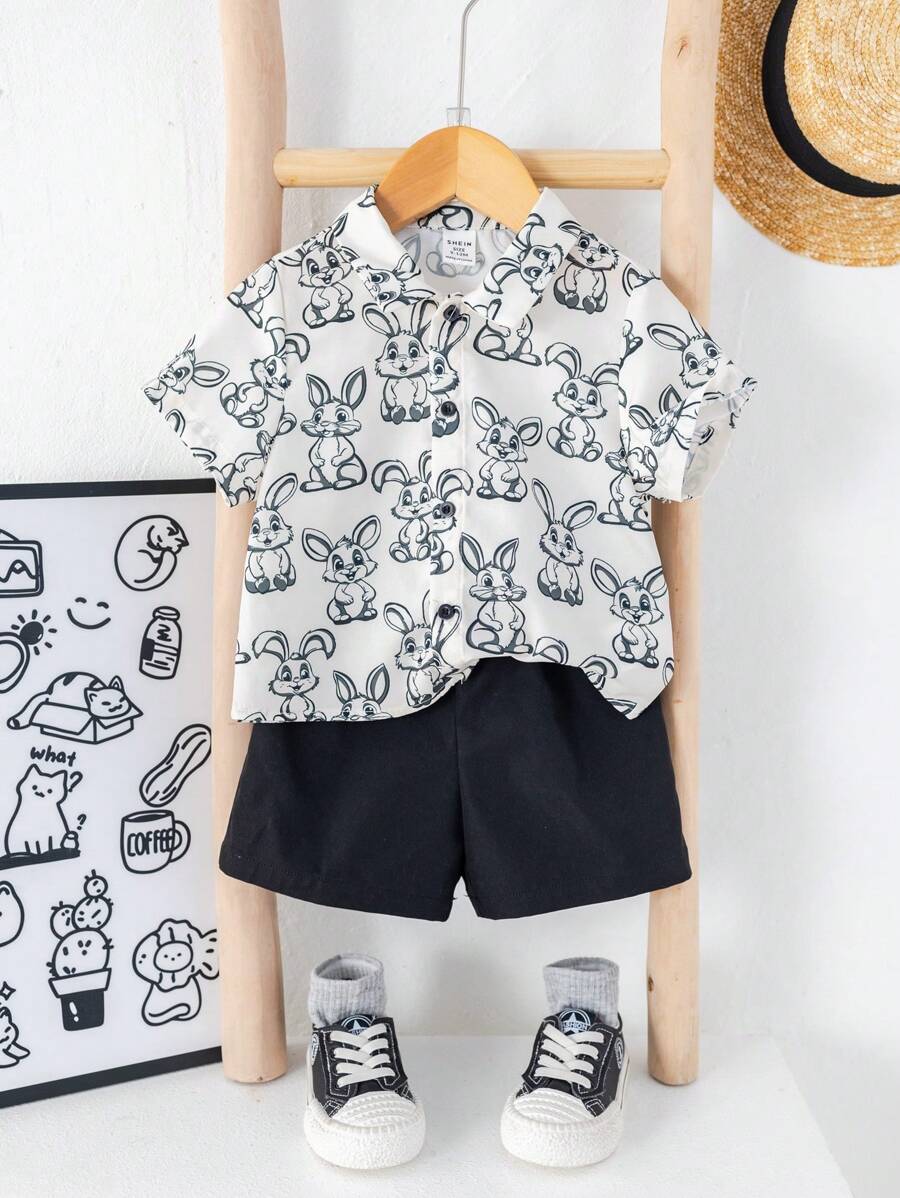 SHEIN Leap Crew 2 pièces/ensemble chemise à manches courtes avec motif de lapin de Pâques mignon et short à taille élastique pour bébé garçons, tenue d'été - Multicolore - Voir 1