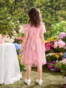 Young Girl Jacquard Floral Mesh Bodice Dress - Pink - View 2