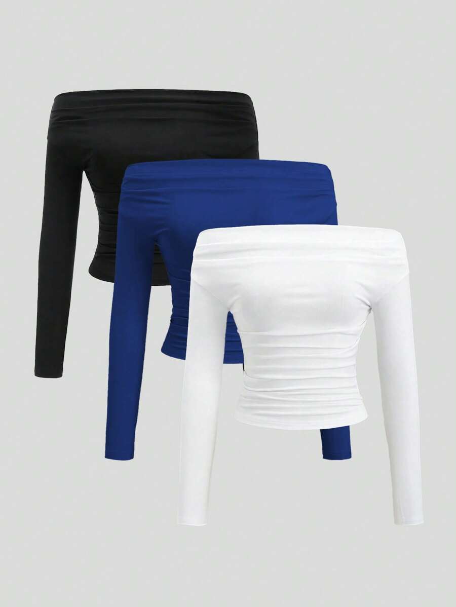 Sweetra 露肩纯色褶皱修身长袖衬衫 - 彩色 - 查看 1