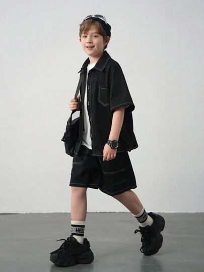 SHEIN Tween Boy Casual Korean Style Oversized Short Sleeve Shacket And Shorts 2pcs Set, Suitable For Commuting, School, Daily, Sports, Spring & Summer
