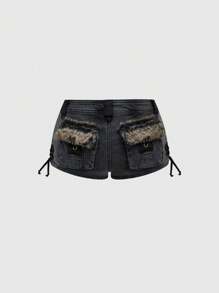 ROMWE Grunge Punk Y2K Kpop Patchwork Fuzzy Very Super Low Waist Mini Denim Shorts, Gyaru Gal Casual Style - Dark Grey - View 5