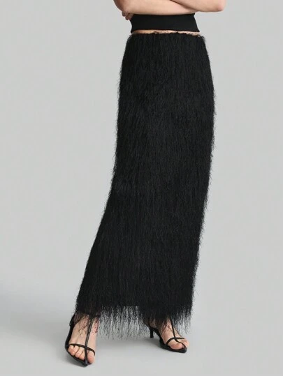 Ontre 2026春夏新款女士羽毛装饰高腰半身裙，都市通勤商务休闲OL优雅造型，适合派对、婚礼宾客等场合