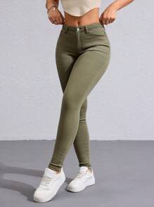 SHEIN Essnce Solid Color Skinny Pocket Casual Jeans - Khaki - View 4