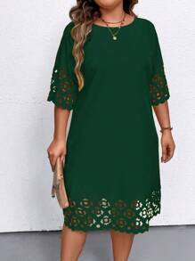 EMERY ROSE 加大码休闲纯色镂空连衣裙，适合圣诞节绿色女装，适合夏季 - 墨綠色 - 查看 1
