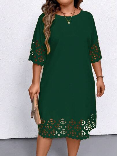 EMERY ROSE Vestido casual de unicolor y calado talla grande, atuendo de mujer en color verde navideño, para el verano