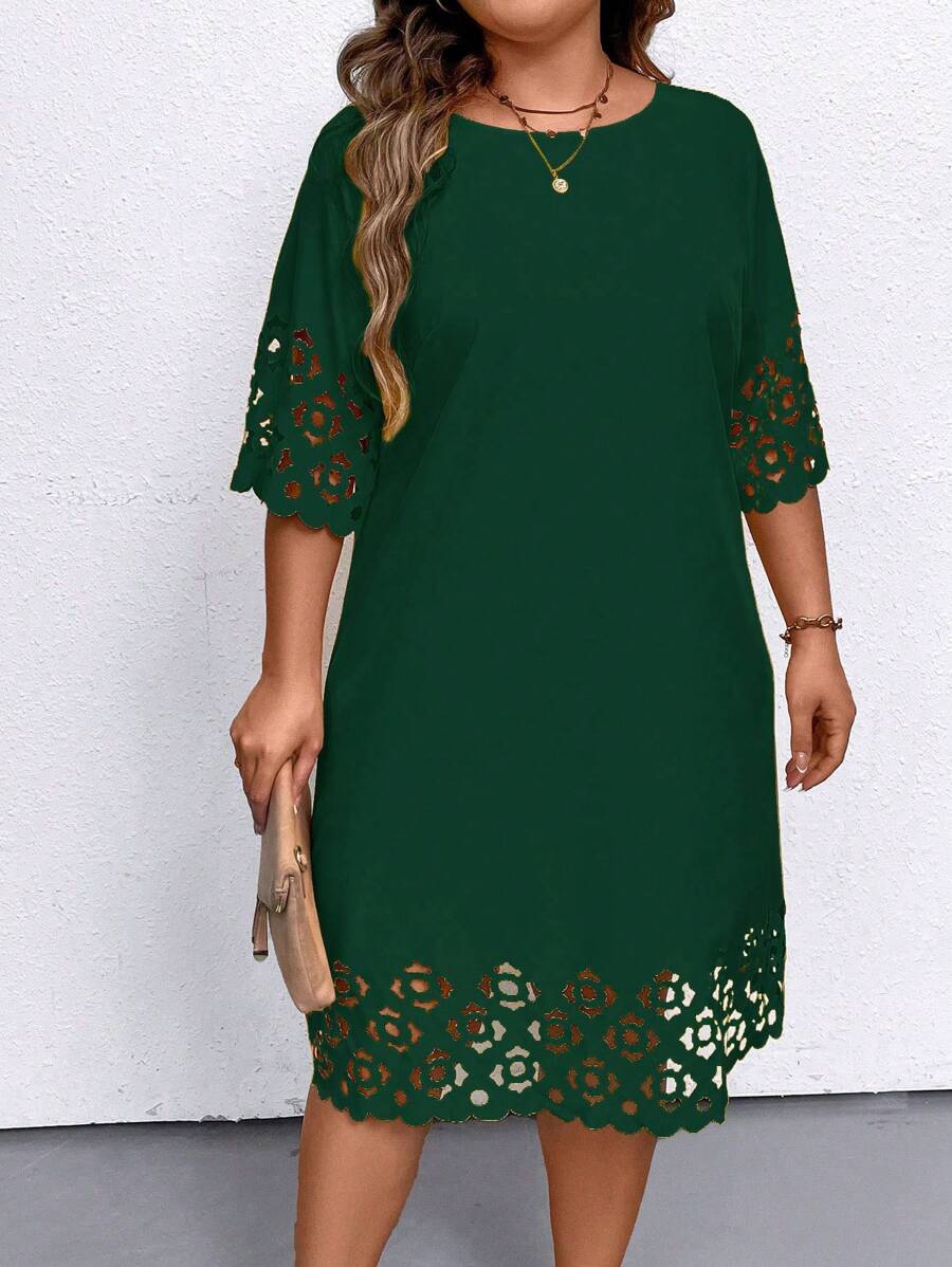 EMERY ROSE 加大码休闲纯色镂空连衣裙，适合圣诞节绿色女装，适合夏季 - 墨綠色 - 查看 1