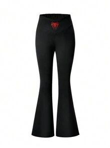 SHEIN Explorewe Teen Girl Black Flared Pants With Print - Black - View 6