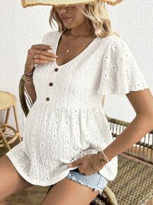 SHEIN V-Neck Button Decor Jacquard Knit Maternity T-Shirt - White - View 6