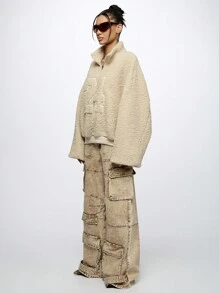 SUMWON WOMEN Oversized Half-Zip Sherpa Sweatshirt With Number Print Cozy Winter Loungewear Textured Plush Fleece Athletic Casual Pullover Streetwear