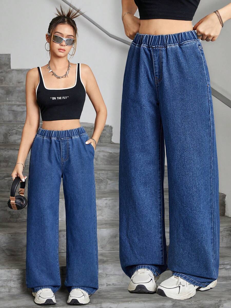 SHEIN Sparklyn 少女洗水纯色宽松直筒牛仔裤，Y2K 流行女孩返校街头风格