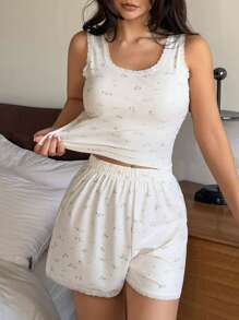 DAZY Set de pijama de 2 piezas con pantalonetas y parte superior sin mangas con estampado floral ditsy para mujer