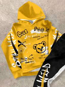 SHEIN Leap Crew Bộ 2 quần dài in họa tiết gấu hoạt hình dễ thương cho bé trai tuổi mới lớn, mặt cười, họa tiết chữ - Nhiều màu - Xem 3