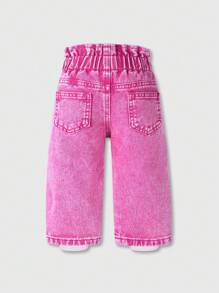 SHEIN Infant/Toddler Girls' All-Match Casual Versatile Pink Floral Print Street-Style Elastic Waist Washed Denim Jeans, Essential 2024 New Arrivals - Pink - View 2