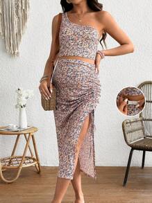 SHEIN Conjunto de 2 peças de blusa de um ombro só e saia plissada com fenda alta e cintura amarrada, férias românticas e florais - Multicolorido - Ver 1