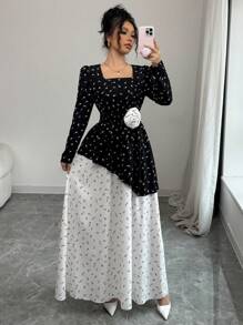 Chiquease Women's Square Neck Patchwork Ditsy Floral Long Dress, Elastic Waist, Suitable For Spring & Autumn - Multicolor - View 3