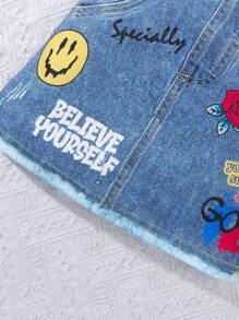 SHEIN New Arrival Spring/Summer Girls Casual 4-7 Years Old Young Girl Outdoor Party Wear Denim Effect Printed Star Pattern A-Line Skirt