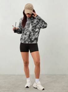 SHEIN PETITE 复古迷彩 Branch Street 休闲简约图案印花圆领宽松长袖女式运动衫 - 黑色 - 查看 4