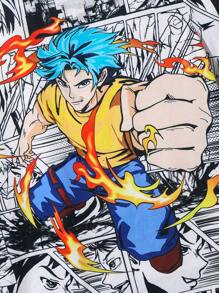 SHEIN Leap Crew 2pcs Tween Boys Casual Short Sleeve T-Shirt And Shorts Set, Street Punk Rock Preppy Style For Daily Wear, Party, Music Festival, Suitable For Sports, Spring/Summer Season, Cartoon Print - Black - View 4