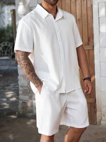 ResortEase Plus Size Men's Casual Solid Color Short Sleeve Shirt And Shorts Set