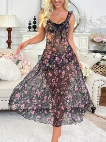 Camisón de malla con volantes asimétricos, lazo de cinta de seda y estampado floral diminuto