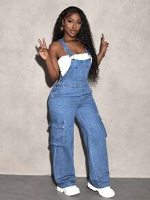 SHEIN Slayr Women's Casual Sleeveless Solid Denim Jumpsuit With Pockets - Light Wash - View 3
