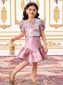 SHEIN Leap Crew 2pcs/Set Woven Mesh Cardigan And Woven Dress Two-Piece For Young Girls - Red - View 3