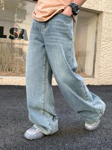 SHEIN Tween Boy Fashion Casual Vintage Blue Denim Simple Base Loose Comfortable Wide Leg Kids Jeans For Boy Soft Dailywear And Kids Summer Clothes - Blue - View 1