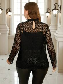 SHEIN Clasi Plus Size Elegant Sheer Lace Blouse For Women - Black - View 2