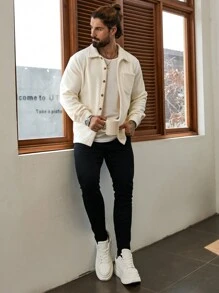 Manfinity CasualCool Men's Solid Color Button Front Long Sleeve Pocket Casual Shacket,Fall Men Clothes,Beige Flannel Thermal Shacket - Apricot - View 3