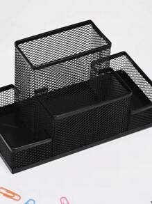 1 Pack Desk Organizer Desktop Mesh Pen Pencil Holder Caddy With 4 Compartments, Office Home School Classroom Accessories Cool Supplies Black Back To School