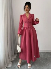 Modelyn Vestido casual de manga larga con botones delanteros de un solo color y pliegues sencillos para mujer - Rosa coral - Ver 6
