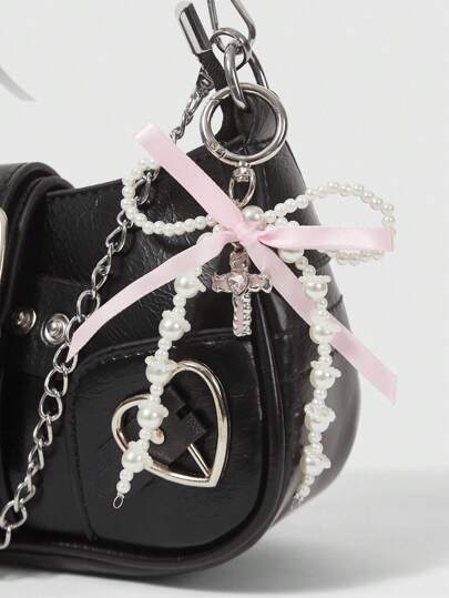 Kawaii 1pc Pink Bow Pearl Decor Cross Key Chain Bag Charm, Y2K Style