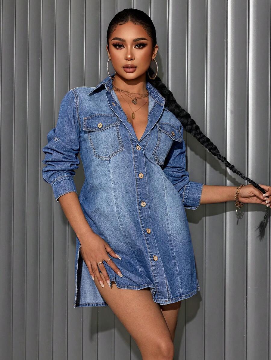 SHEIN SXY Women's Casual Washed Side Slit Denim Jacket - Blue - View 1