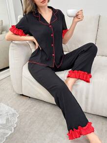 Lapel Color Block Single-Breasted Women Short Sleeve Top And Pants Pajama Set