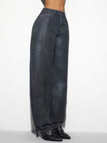 SHEIN ICON Pantalones vaqueros casuales de mujer con estilo de pantalones de plátano con revestimiento, bolsillo con botón frontal